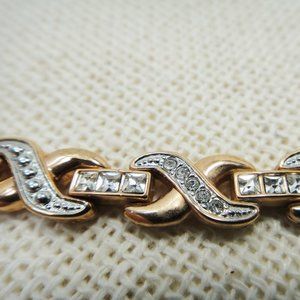 Copper Color Link Bracelet Rhinestones Silver Tone 7.75"